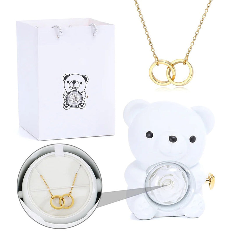 Colar Dueto de Amor + Urso com Rosa Eternizada