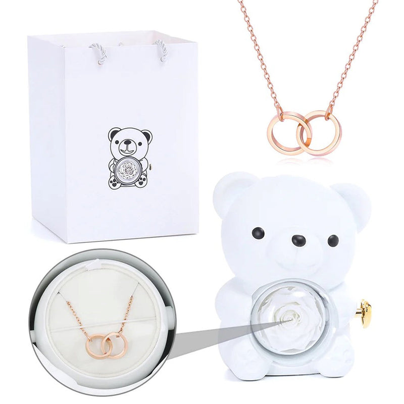 Colar Dueto de Amor + Urso com Rosa Eternizada