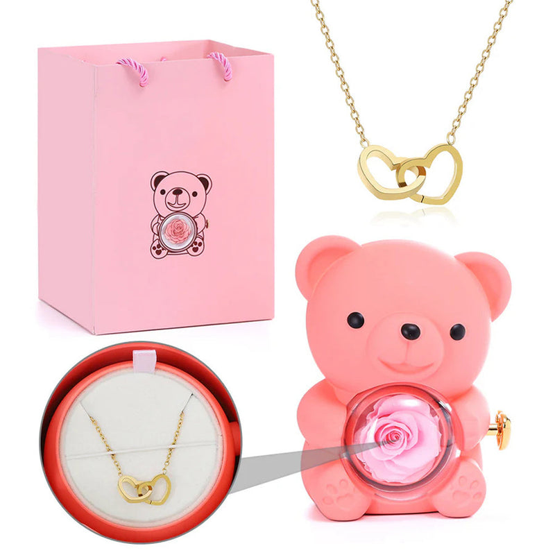Colar Dueto de Amor + Urso com Rosa Eternizada