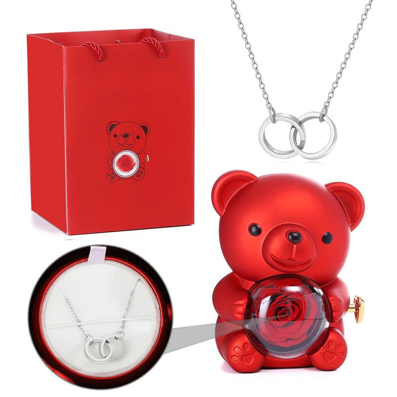 Colar Dueto de Amor + Urso com Rosa Eternizada